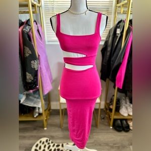 Oh Polly Brand New Fuschia Pink Bodycon Midi Dress with Cutouts